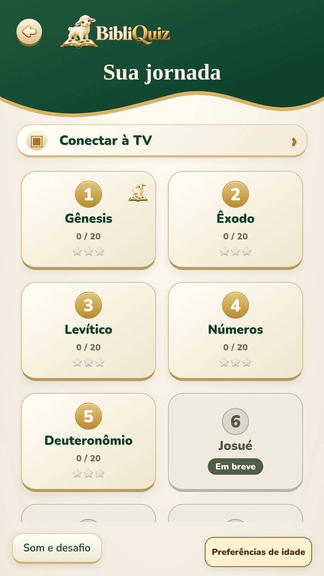 Tela Sua jornada do BibliQuiz com Conectar à TV, os cinco primeiros livros e Josué sinalizado como Em breve.