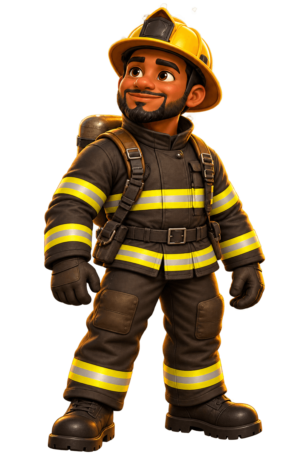 Personagem com uniforme de bombeiro no Rota Amarela.